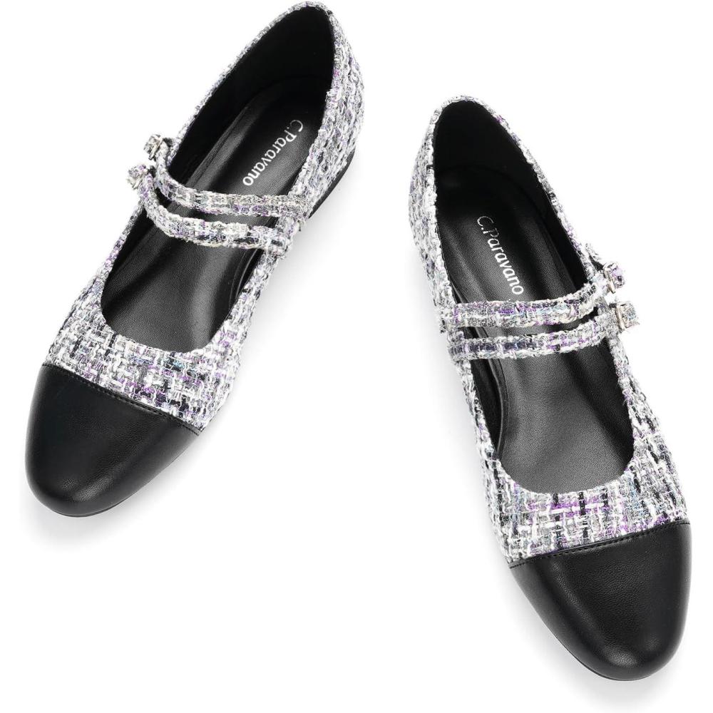 image:imageCParavano Womens Round Toe Ballet Flats with Strap Comfortable Mary Janes Tweed Flats Dressy Casual Flats for Work Office Party or Everyday Wear Womens SlipOn ShoesBpg