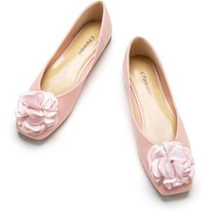 C.Paravano Ballet Flats for Women | Women’s Flats | Square Toe | Slip On Dress Shoes | Satin Flower Shoes(Pink-t)
