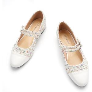 C.Paravano Women’s Round Toe Ballet Flats with Strap | Comfortable Mary Janes Tweed Flats | Dressy Casual Flats for Work, Office, Party, or Everyday Wear | Women’s Slip-On Shoes(White_g)