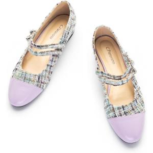 C.Paravano Women’s Round Toe Ballet Flats with Strap | Comfortable Mary Janes Tweed Flats | Dressy Casual Flats for Work, Office, Party, or Everyday Wear | Women’s Slip-On Shoes(Purple_g)