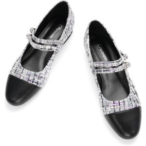 C.Paravano Women’s Round Toe Ballet Flats with Strap | Comfortable Mary Janes Tweed Flats | Dressy Casual Flats for Work, Office, Party, or Everyday Wear | Women’s Slip-On Shoes(Bp_g)