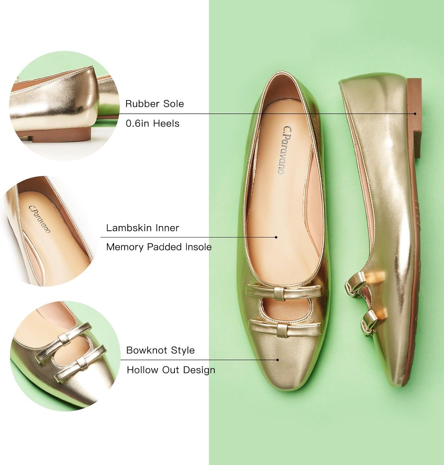 image:imageCParavano Ballet Flats Slipon Shoes Women Bowknot Round Toe Shoes Womens FlatsGoldb6