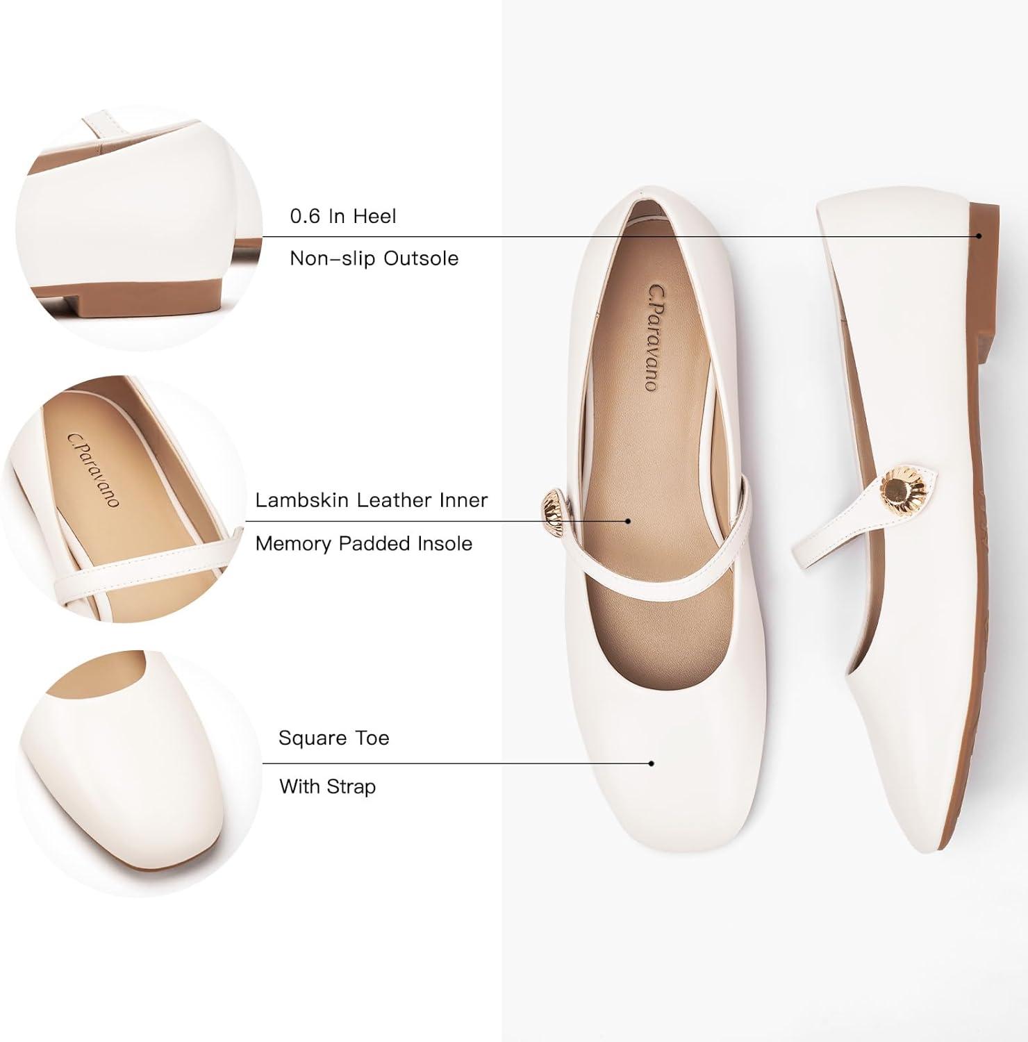 image:imageCParavano Womens Mary Jane Shoes Square Toe Ballet Flats Ballerina Flats Designer Shoes for WomenWhitebt
