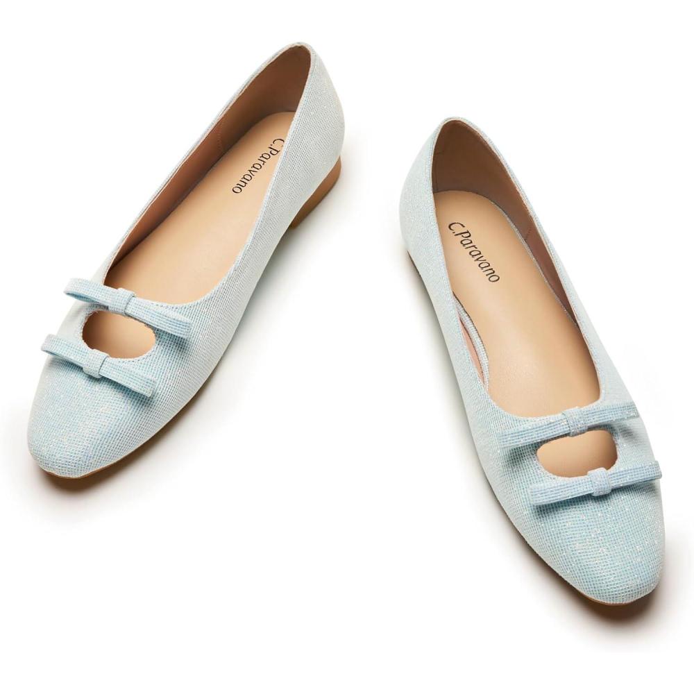 image:imageCParavano Ballet Flats Slipon Shoes Women Bowknot Round Toe Shoes Womens FlatsLight Blue Blingb6