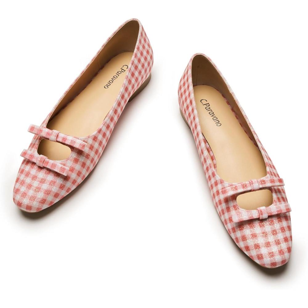 image:imageCParavano Ballet Flats Slipon Shoes Women Bowknot Round Toe Shoes Womens FlatsPink Tartan Blingb6