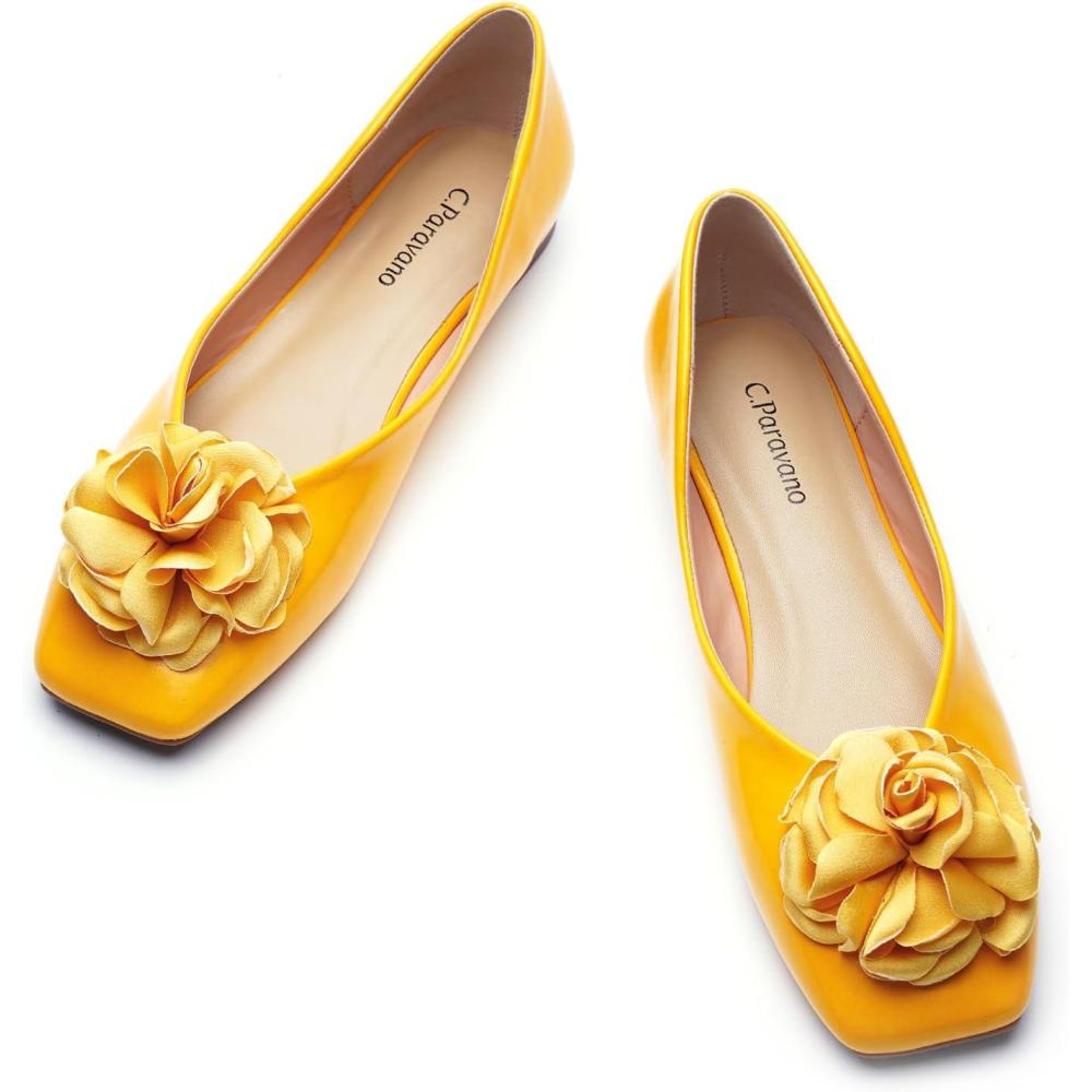 image:imageCParavano Ballet Flats for Women Womens Floral Flat Shoes Comfortable Square Toe Flats Slip On Yellow Dress Shoes for Work amp Daily WearSize 85YellowT