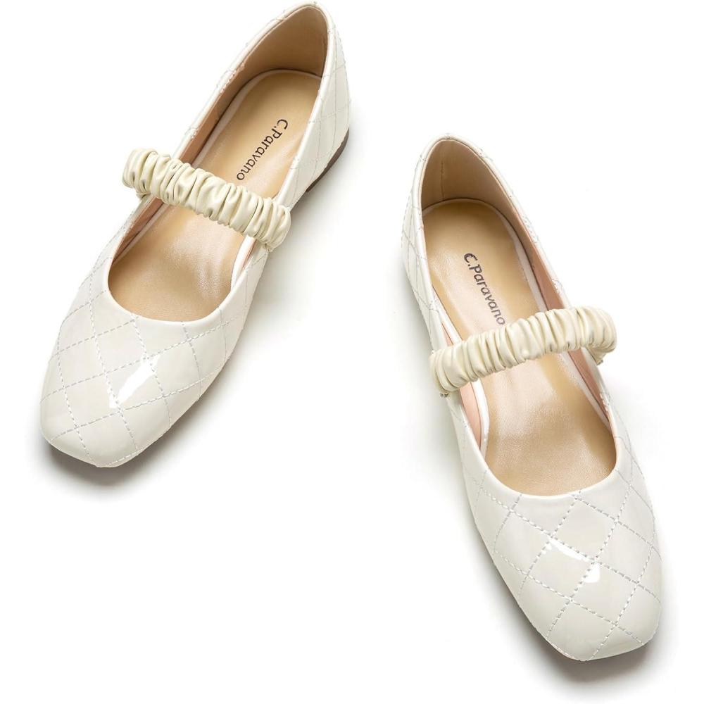 image:imageCParavano Mary Jane Flats for Women Square Toe Ballet Flats with Pearl Strap Comfortable Dress Shoes for Work Wedding Party amp Daily WearSize 85Whitea