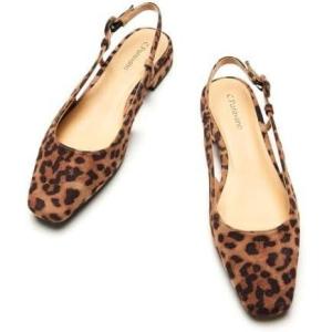 C.Paravano Slingback Flats | Women’s Slingback Shoes | Low Heels | Square Toe Flat | Sandals Women | Block Heel Slingback Sandals(Size 8,Leopard)
