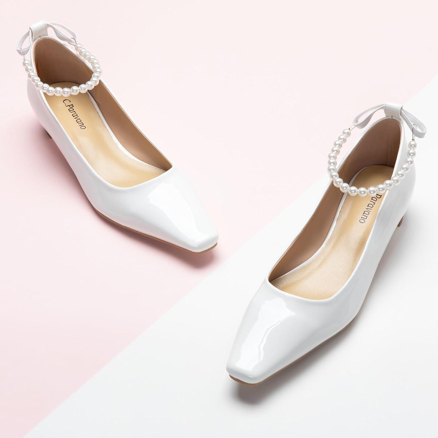 image:imageCParavano Ladies Chunky Low Heel Pearl Ankle Strap Womens Square Toe Pumps Closed Toe Low Heel Pumps Bridal Wedding Shoes 11in HeelsWhite115
