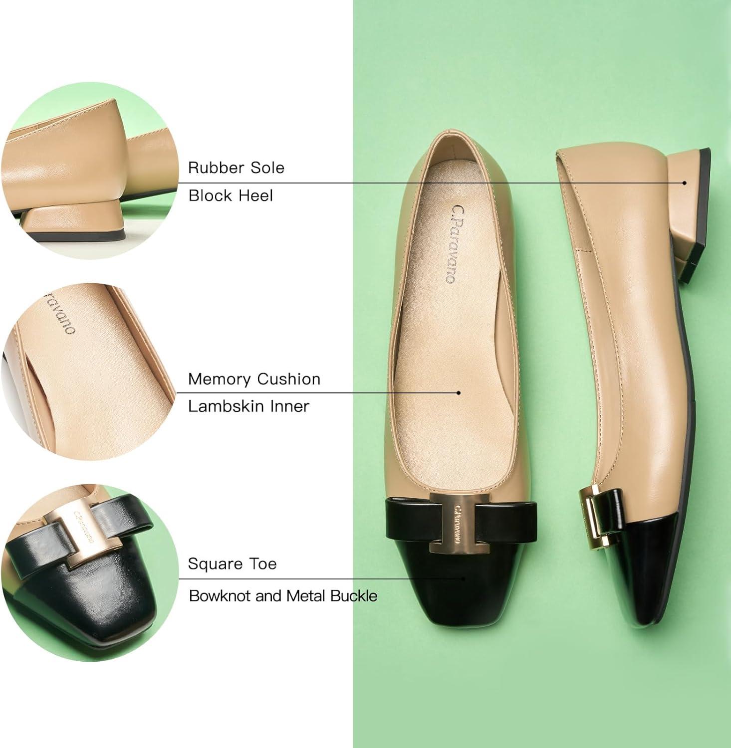 image:imageCParavano Womens Ballet Flats Bowknot Square Toe Low Block Heel Soft Leather Shoes for Office Casual and Dressy OccasionsTwoTone Flats for WomenBeigeampBlack7