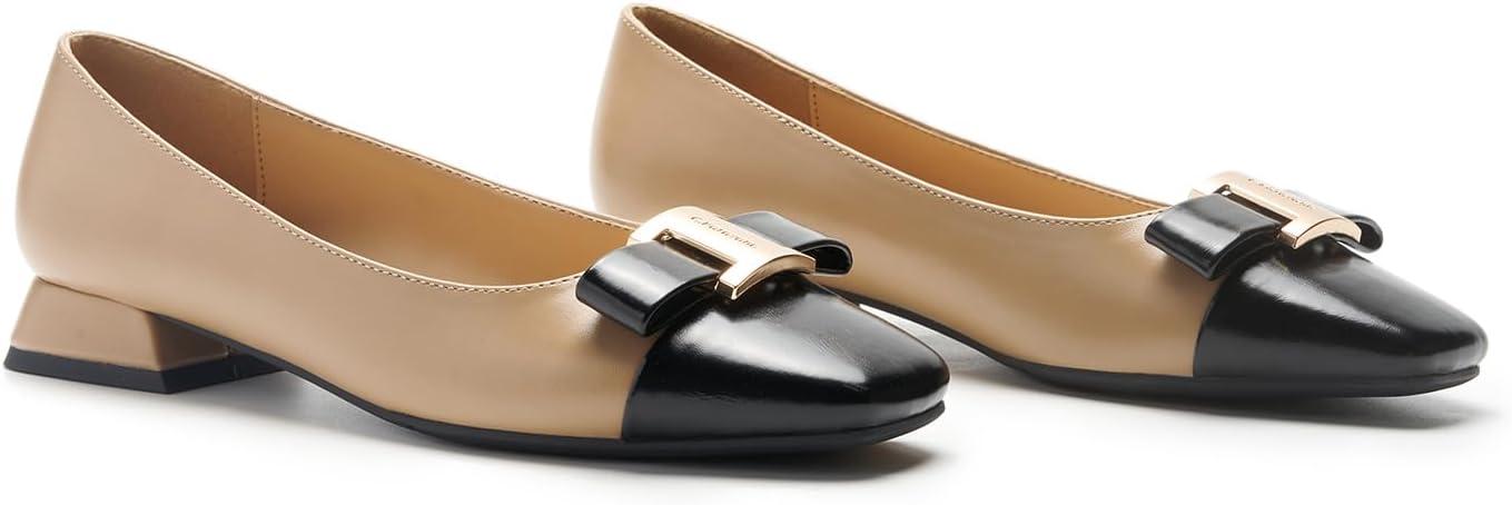 image:imageCParavano Womens Ballet Flats Bowknot Square Toe Low Block Heel Soft Leather Shoes for Office Casual and Dressy OccasionsTwoTone Flats for WomenBeigeampBlack7