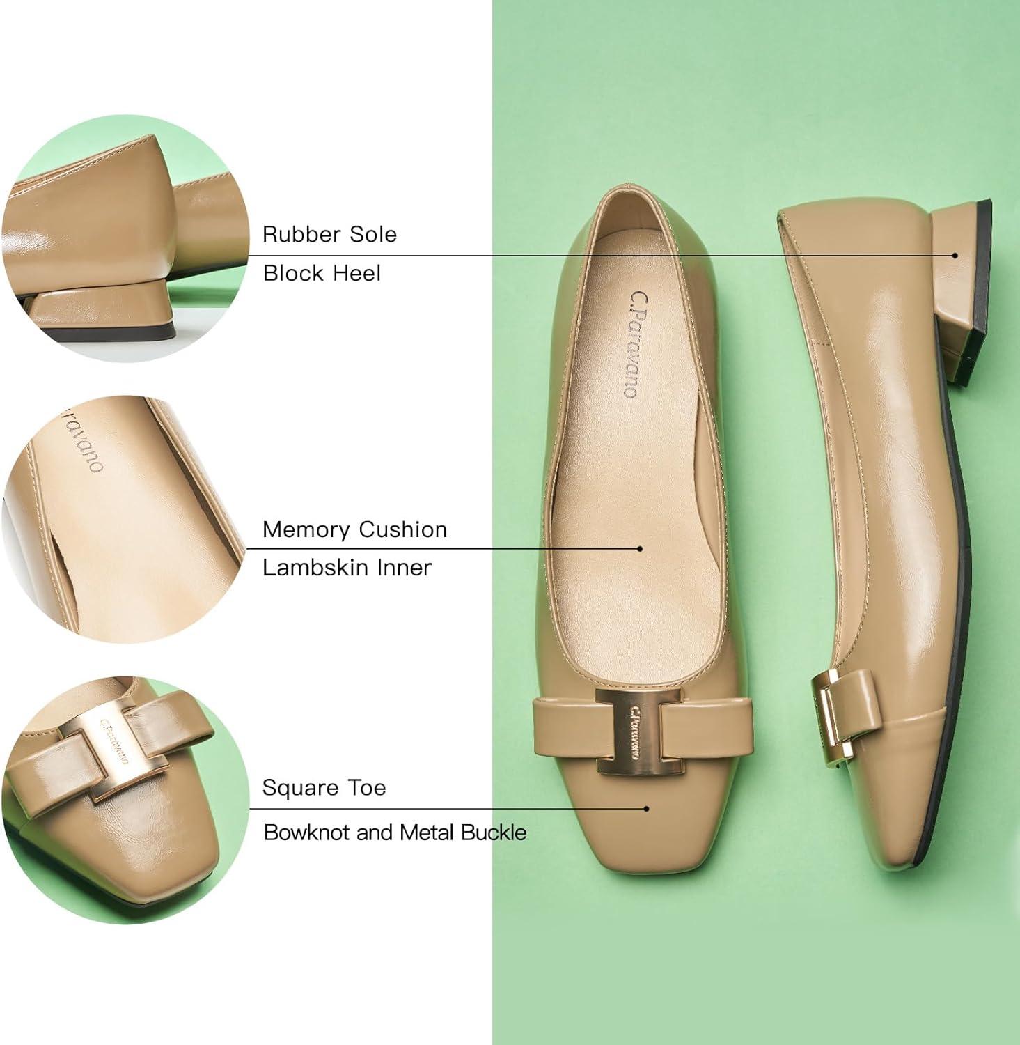 image:imageCParavano Womens Ballet Flats Bowknot Square Toe Low Block Heel Soft Leather Shoes for Office Casual and Dressy OccasionsTwoTone Flats for WomenCamel75