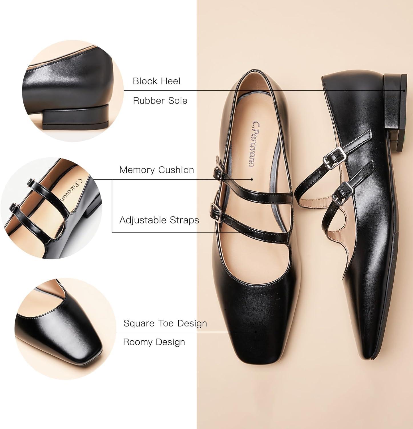 image:imageCParavano Womens Mary Jane Shoes Ballet Flats Womens Flats Square Toe Flat Shoe Block HeelBlack95