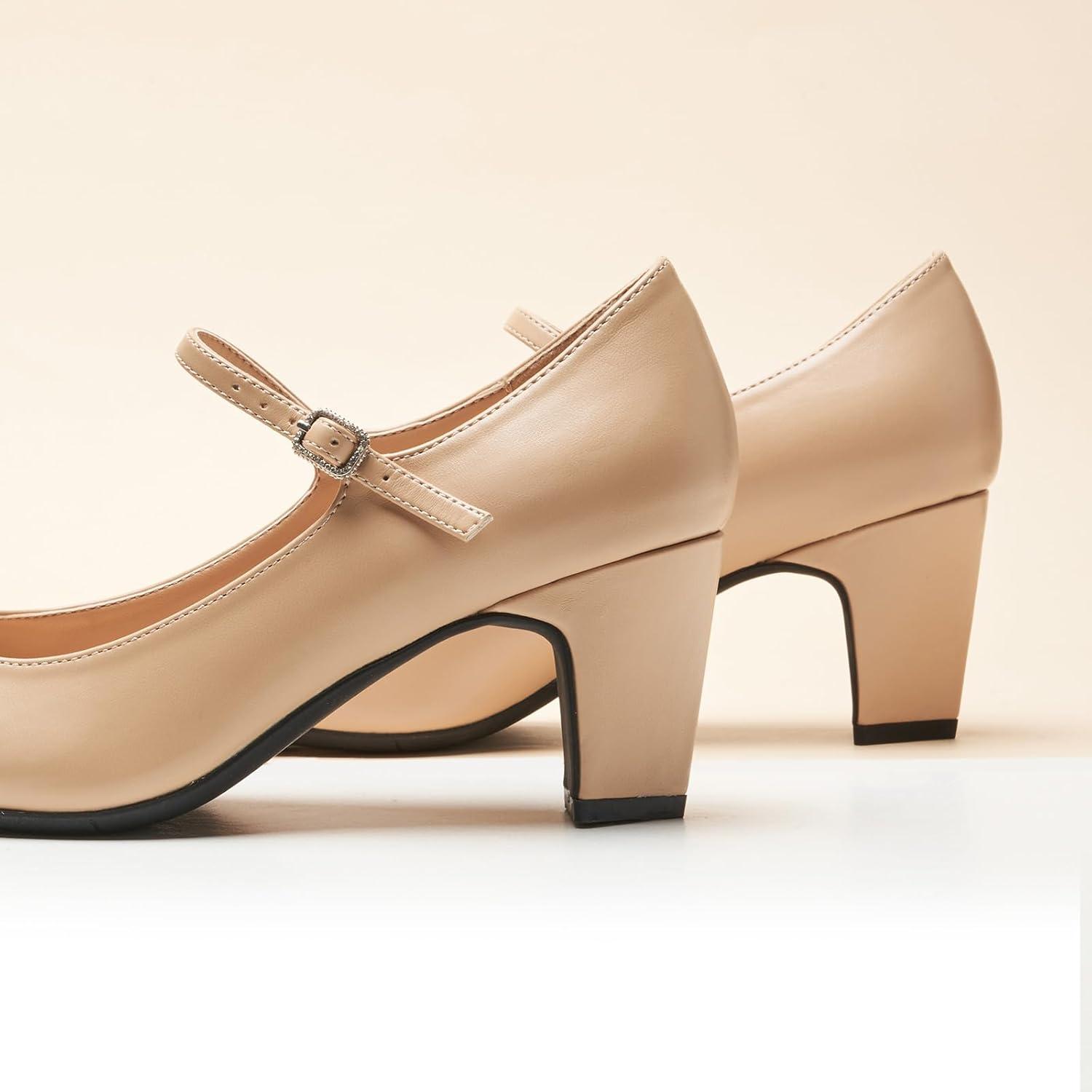 image:imageCParavano Womens Pumps Chunky Heels for Women Closed Round Toe Shoes Low Heel Dress Shoes BBeige7