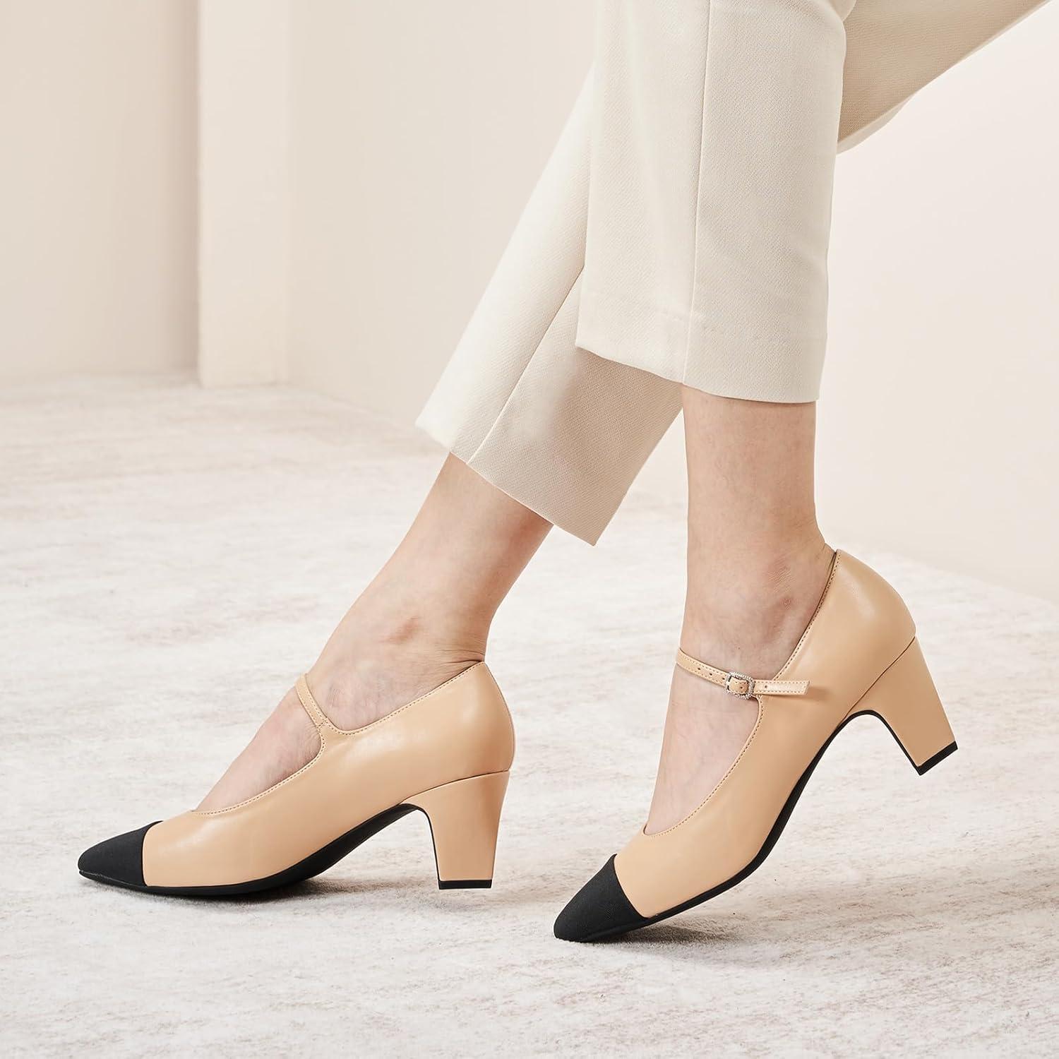 image:imageCParavano Womens Pumps Chunky Heels for Women Closed Round Toe Shoes Low Heel Dress Shoes BBeige85