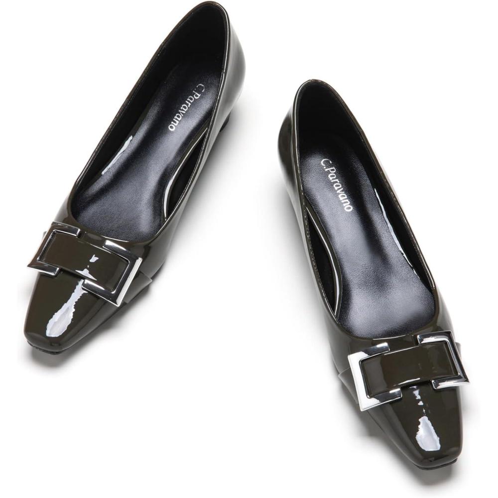 image:imageCParavano Metal Buckle Square Toe Low Block Heels Closed Toe Chunky Heels 11 in Low Heel Pumps Vintage Womens Pump for Party Wear Dress Pumps Shoes Patent LeatherDarkGreen55