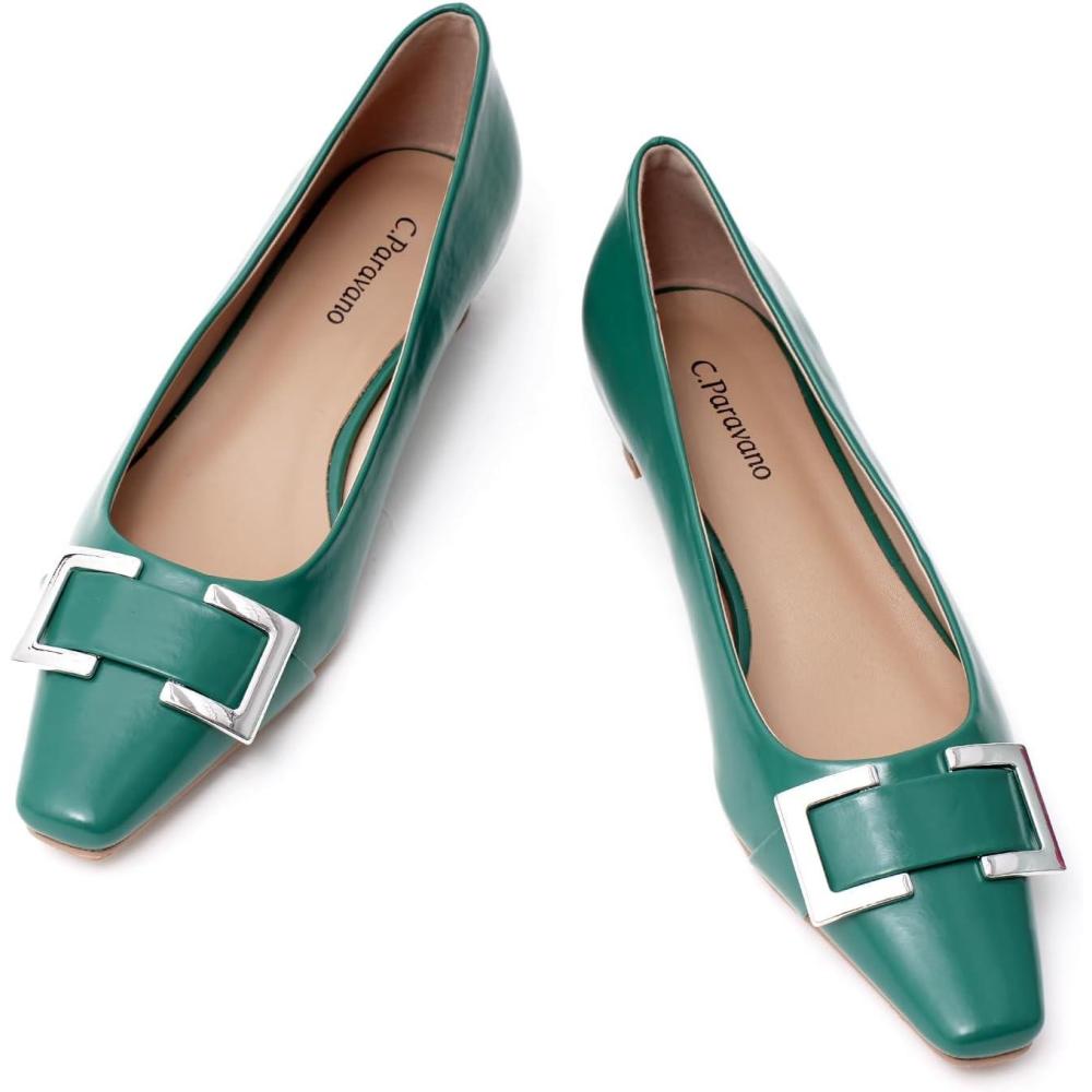 image:imageCParavano Metal Buckle Square Toe Low Block Heels Closed Toe Chunky Heels 11 in Low Heel Pumps Vintage Womens Pump for Party Wear Dress Pumps Shoes Soft LambskinGreen55