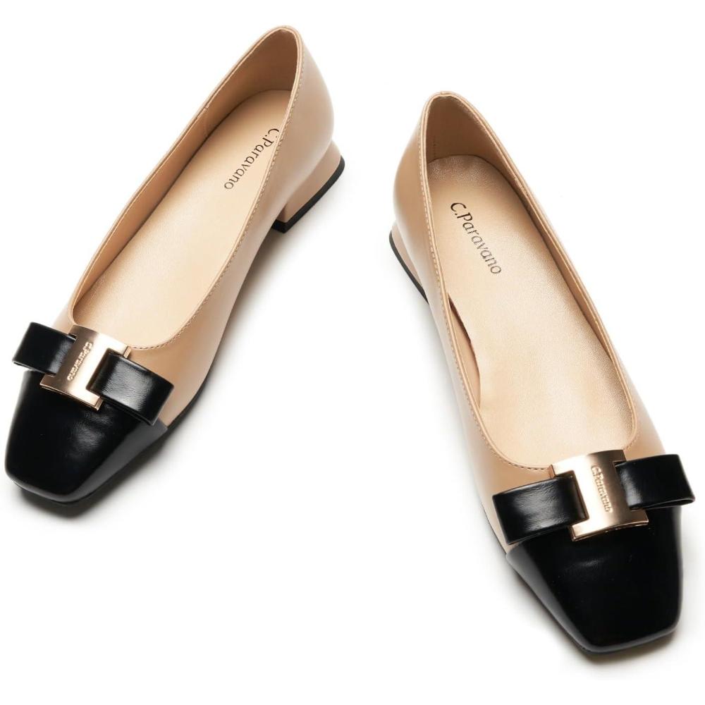 image:imageCParavano Womens Ballet Flats Bowknot Square Toe Low Block Heel Soft Leather Shoes for Office Casual and Dressy OccasionsTwoTone Flats for WomenBeigeampBlack7