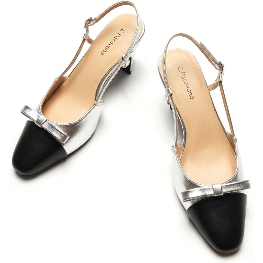 image:imageCParavano Womens Slingback Low Chunky Heels Silver Round Toe Block Heel Pumps Splicing Bowknot Slip On Fashion Party Dress ShoesSize12