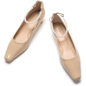 C.Paravano Ladies’ Chunky Low Heel Pearl Ankle Strap Women’s Square Toe Pumps Closed Toe Low Heel Pumps Bridal Wedding Shoes 1.1in Heels（Beige，7.5）