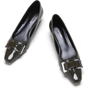 C.Paravano Metal Buckle Square Toe Low Block Heels Closed Toe Chunky Heels 1.1 in Low Heel Pumps Vintage Women’s Pump for Party Wear Dress Pumps Shoes Patent Leather(DarkGreen,5.5)