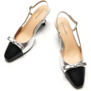 C.Paravano Women’s Slingback Low Chunky Heels Silver Round Toe Block Heel Pumps Splicing Bowknot Slip On Fashion Party Dress Shoes,Size12