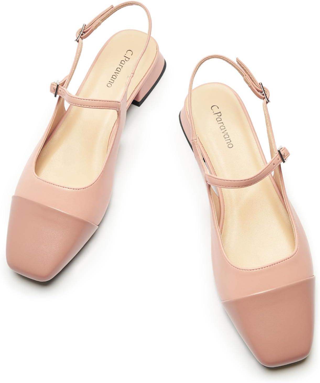image:imageCParavano Square Toe Slingback Sandals for Women Womens Slingback Flats Sandals for Women Block Heel Slingback Closed Toe Sandals WomenPink