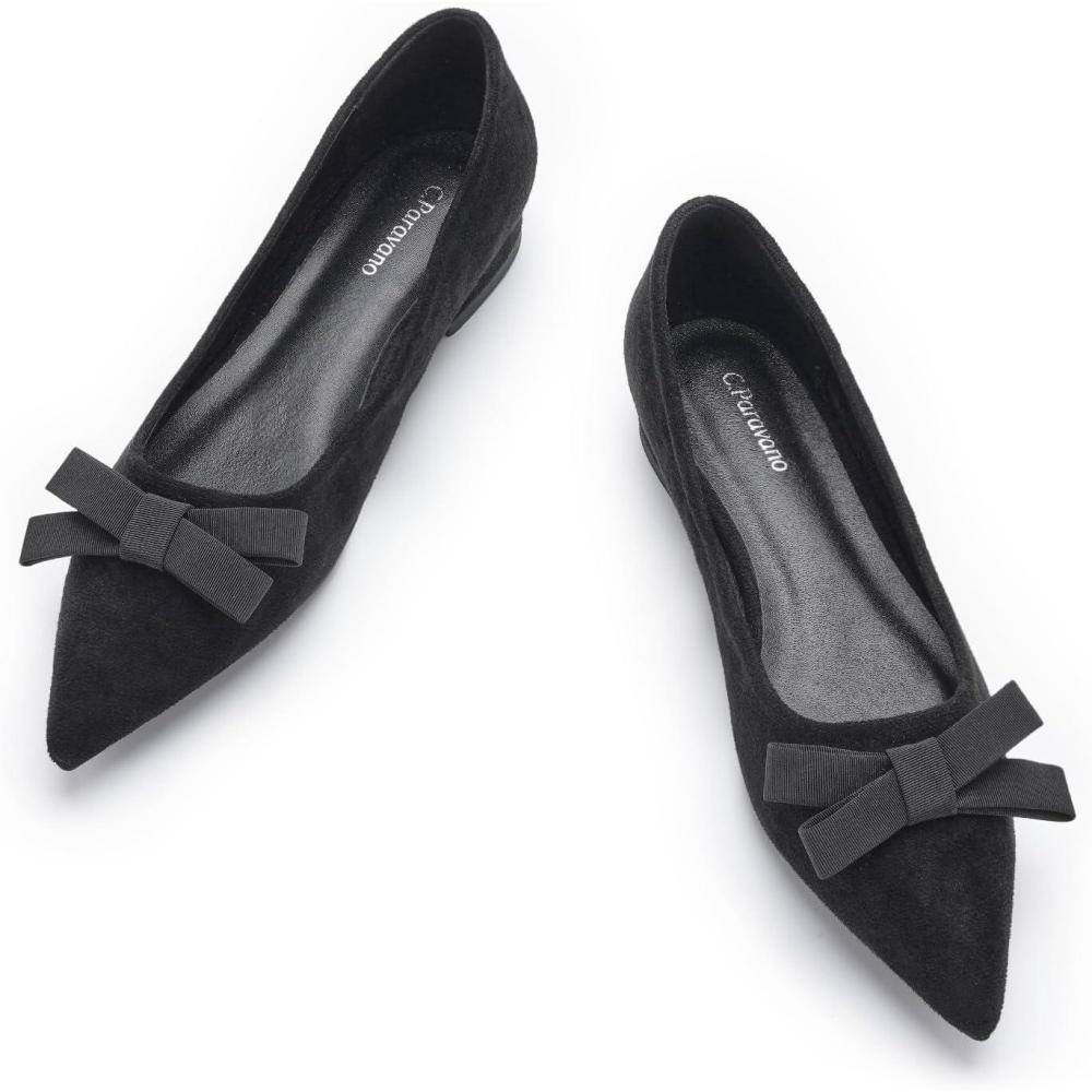 image:imageCParavano Womens Suede Bow Knot Ballet Flats Pointed Toe SlipOn Comfort Shoes for Casual amp Formal WearBlack A1