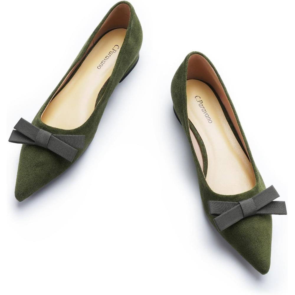image:imageCParavano Womens Suede Bow Knot Ballet Flats Pointed Toe SlipOn Comfort Shoes for Casual amp Formal WearGreen A1