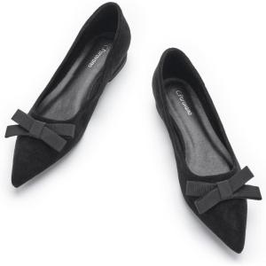 C.Paravano Women’s Suede Bow Knot Ballet Flats Pointed Toe Slip-On Comfort Shoes for Casual & Formal Wear(Black A1)
