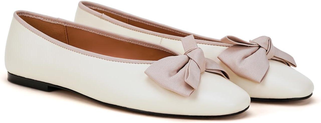image:imageCParavano Genuine Leather Ballet Flats Shoes for Women Ballerina Flats Round Toe Shoes Dressy Shoes for WomenIvory