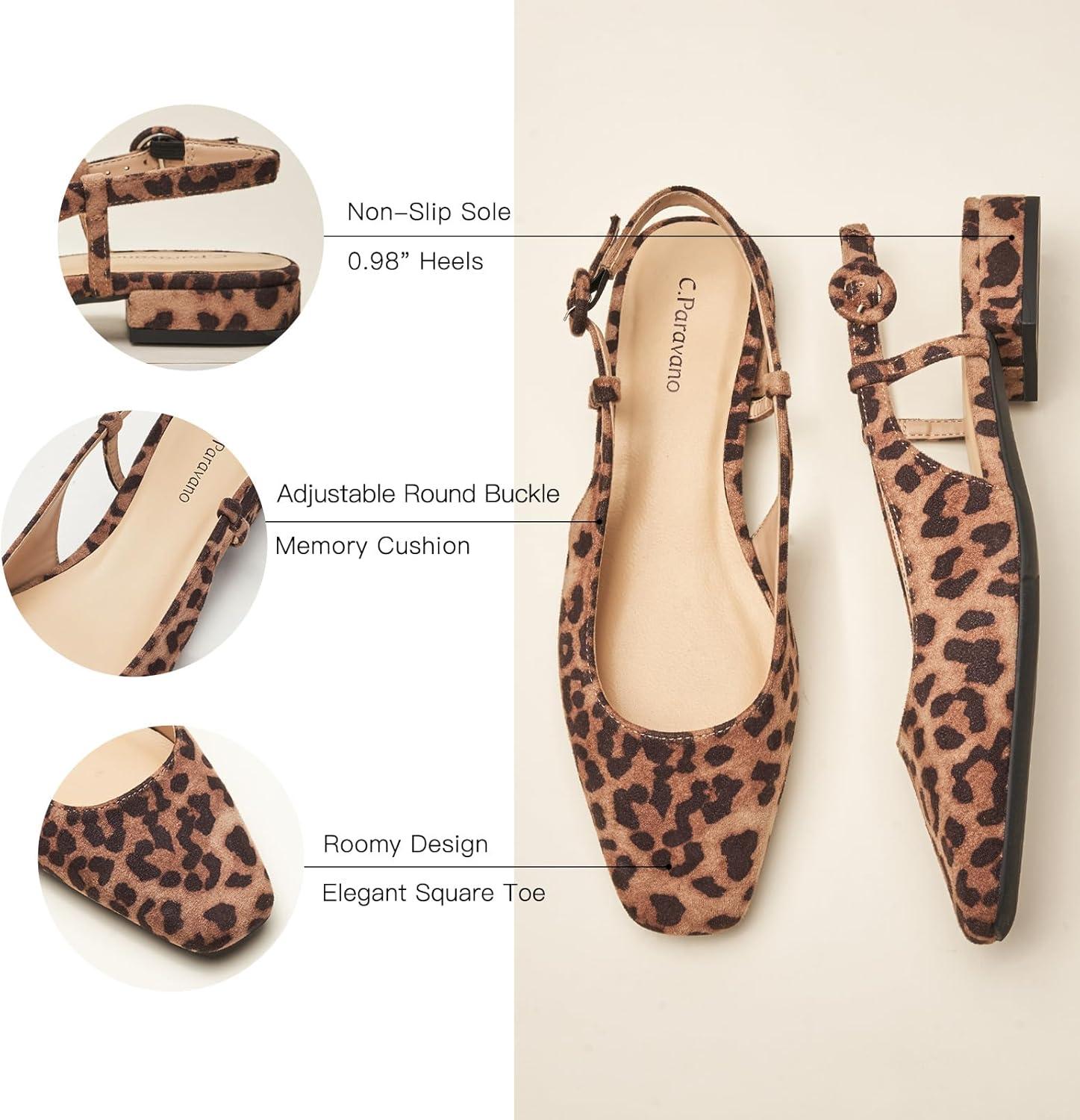 image:imageCParavano Slingback Flats Womens Slingback Shoes Low Heels Square Toe Flat Sandals Women Block Heel Slingback SandalsSize 9Leopard