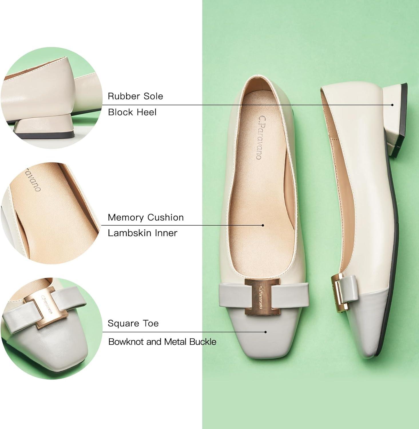 image:imageCParavano Womens Ballet Flats Bowknot Square Toe Low Block Heel Soft Leather Shoes for Office Casual and Dressy OccasionsTwoTone Flats for WomenWhiteampGrey85