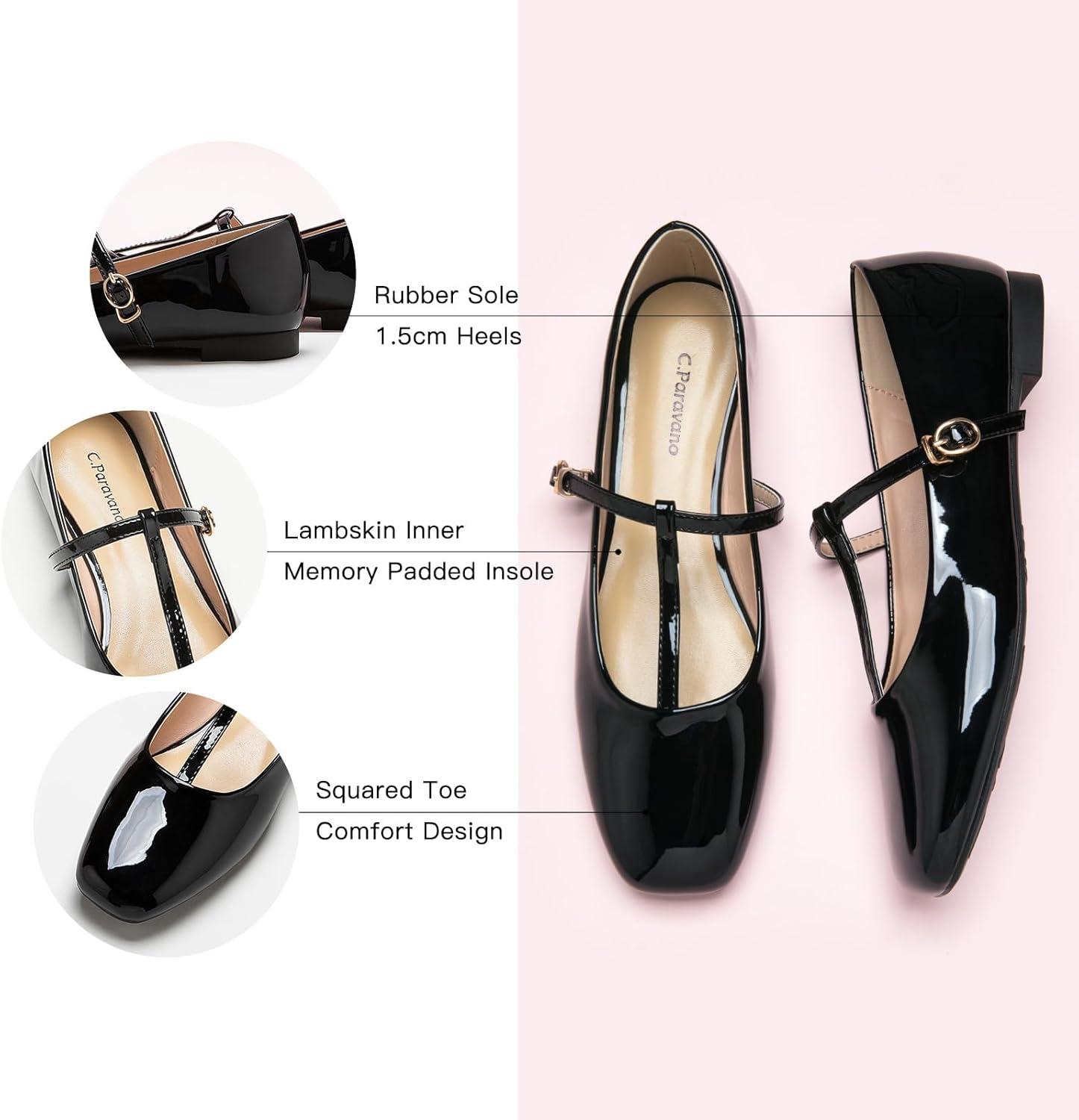 image:imageCParavano Womens Mary Jane Flats Comfortable Square Toe Ballet Flats Mary Jane Shoes with Strap Casual Dress Flat Black Shoes for Work Party or Walking Size 115Black