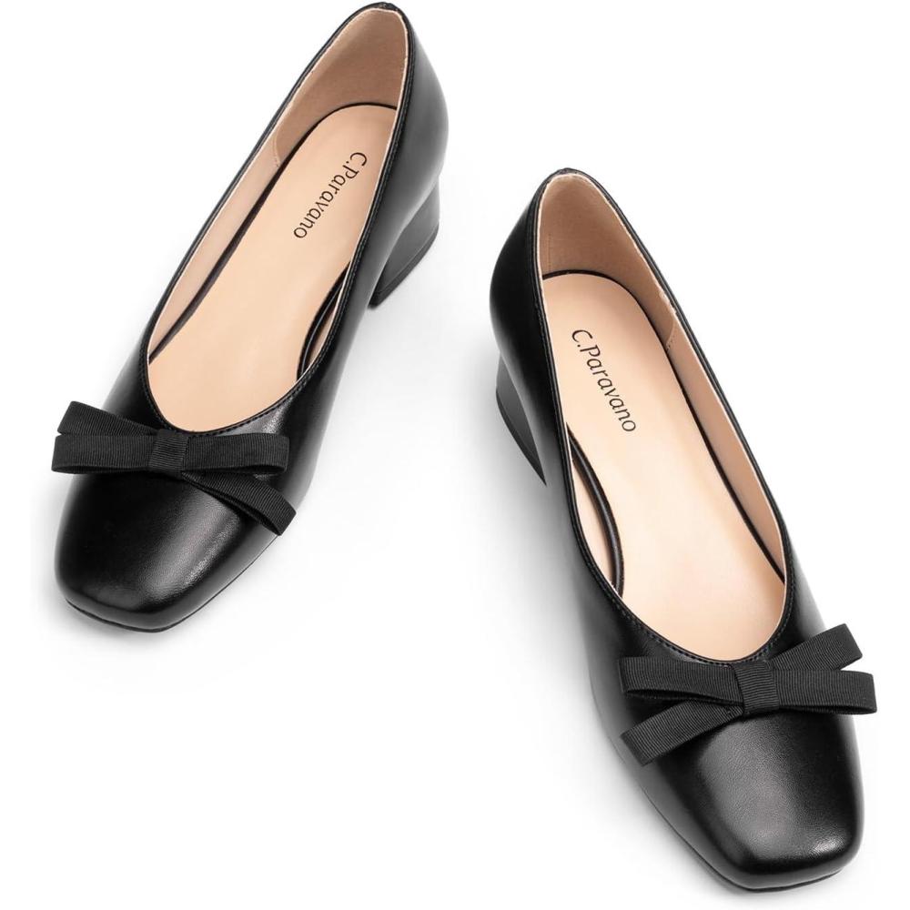 image:imageCParavano Womens Pumps Luxury Leather Pumps 15 Inch Chunky Block Heel amp Square Toe Fabric Bow Detail Evening Dress Shoes for Cocktail Parties WeddingsBlack12