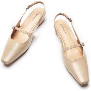 C.Paravano Slingback Flats | Women’s Flats | Beige Block Heel | Low Heel for Women(Beige)