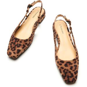 C.Paravano Slingback Flats | Women’s Slingback Shoes | Low Heels | Square Toe Flat | Sandals Women | Block Heel Slingback Sandals(Size 9,Leopard)