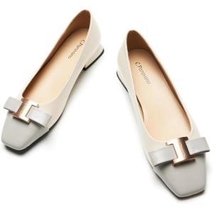 C.Paravano Women’s Ballet Flats Bowknot Square Toe Low Block Heel Soft Leather Shoes for Office, Casual and Dressy Occasions,Two-Tone Flats for Women(White&Grey,8.5)