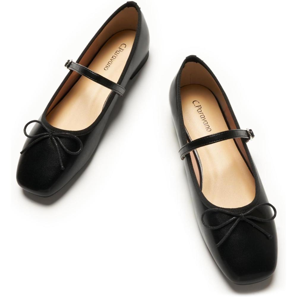 image:imageC Paravano Womens Mary Jane Flats Lightweight amp Comfortable Square Toe Bowknot Ballet Flats with Adjustable Strap Perfect for Office Casual and Dressy EventsBlackSize10