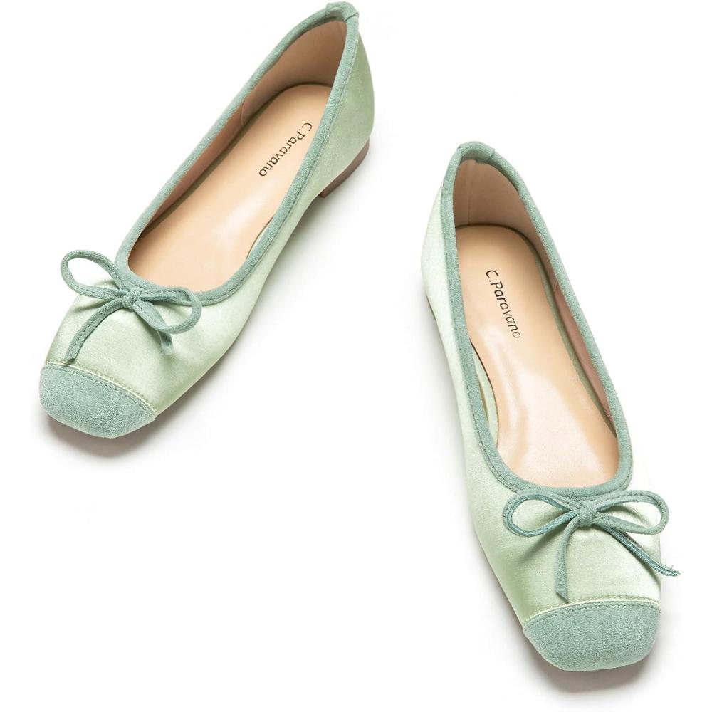 image:imageCParavano Ballet Flats Square Toe Shoes Bow Slip Ons Ballet Shoes for Women Dressy Flats for Women Size 65Light Green