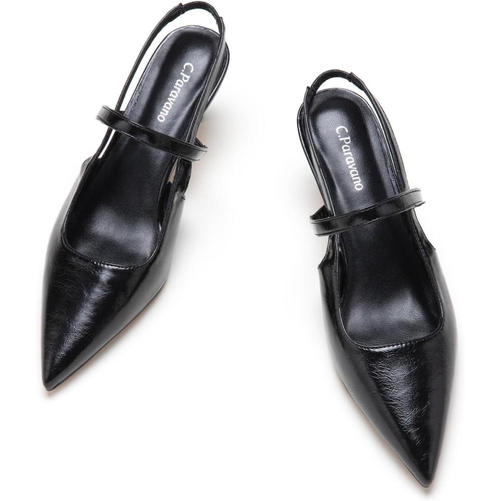image:imageCParavano Slingback Flats for Women Pointed Toe Kitten Heels Pumps Ankle Strap Comfort for Office Casual Wear Dress ShoesSize 85Black Heels