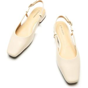 C.Paravano Slingback Flats | Women’s Slingback Shoes | Low Heels | Square Toe Flat | Sandals Women | Block Heel Slingback Sandals(Ivory)