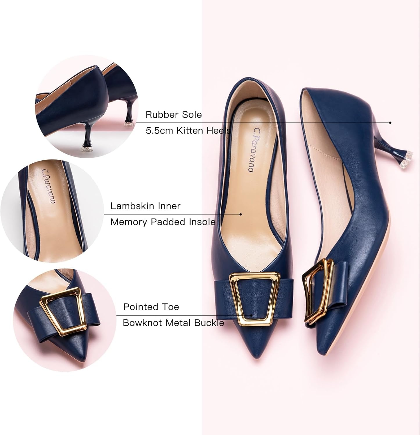 image:imageCParavano Pumps Shoes Women Kitten Heels Low Heel Dress Shoes for Women Pointed Toe Heels SpringSummer EventsNavySize 55