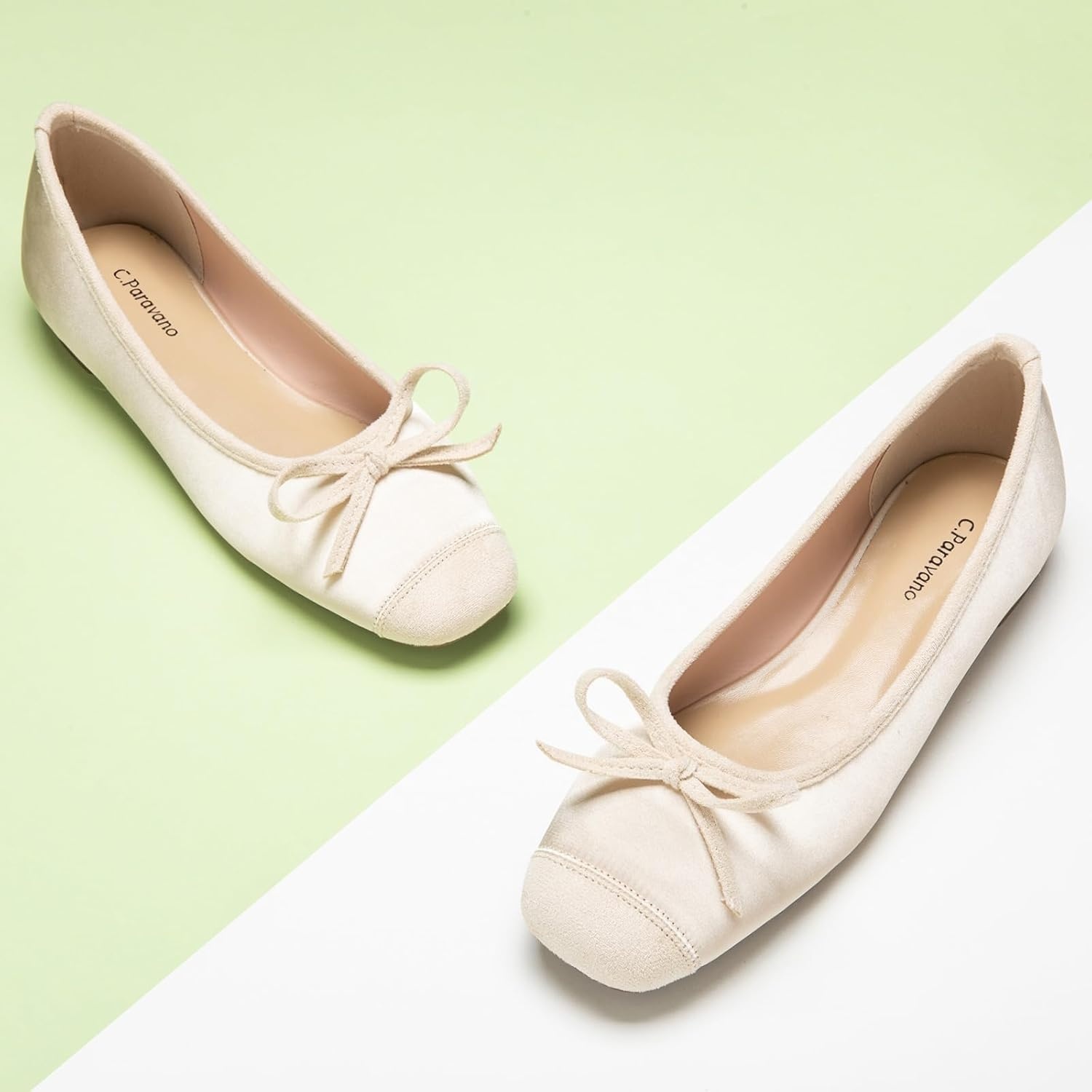 image:imageCParavano Ballet Flats Square Toe Shoes Bow Slip Ons Ballet Shoes for Women Dressy Flats for WomenIvory