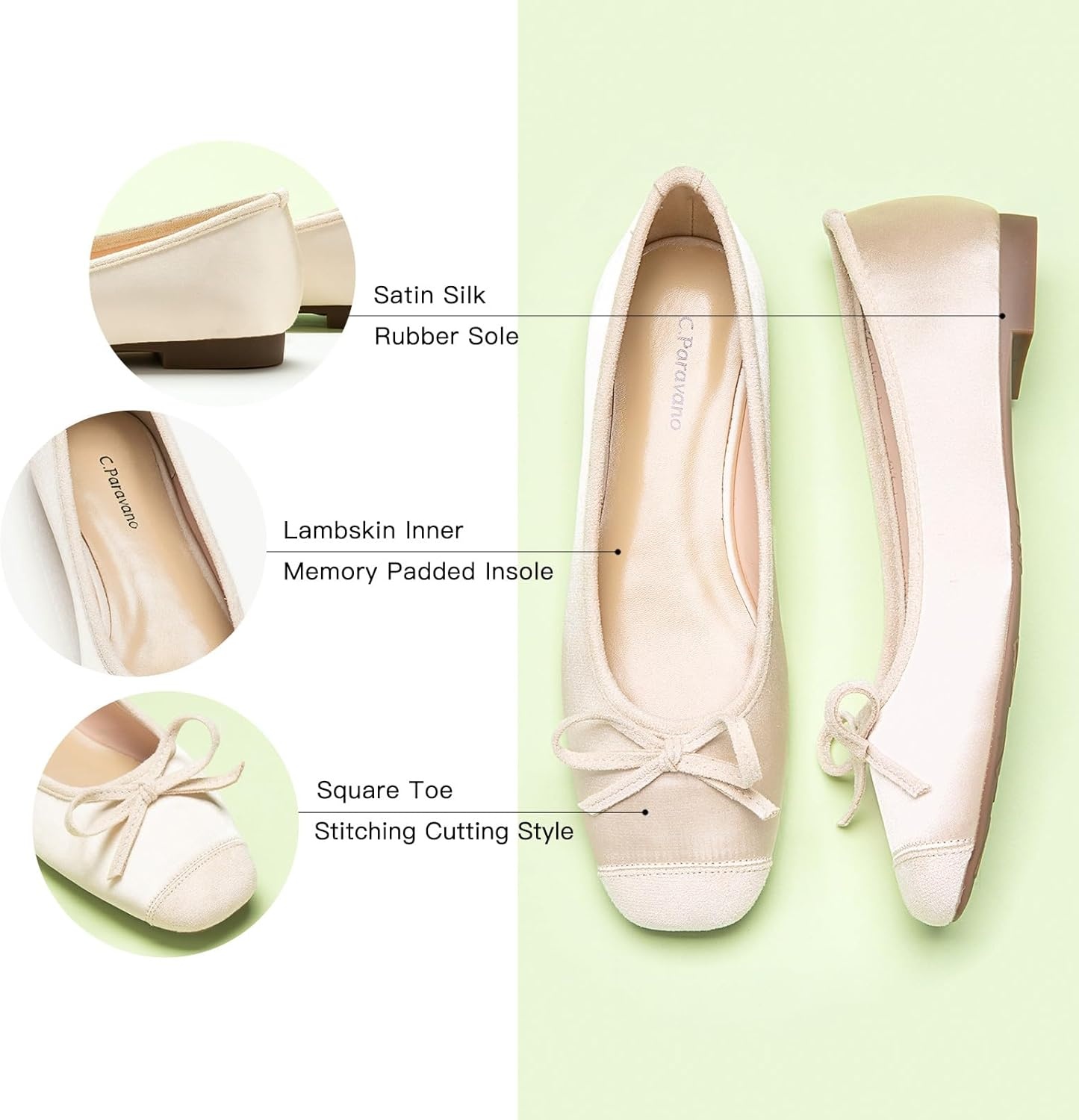 image:imageCParavano Ballet Flats Square Toe Shoes Bow Slip Ons Ballet Shoes for Women Dressy Flats for WomenIvory