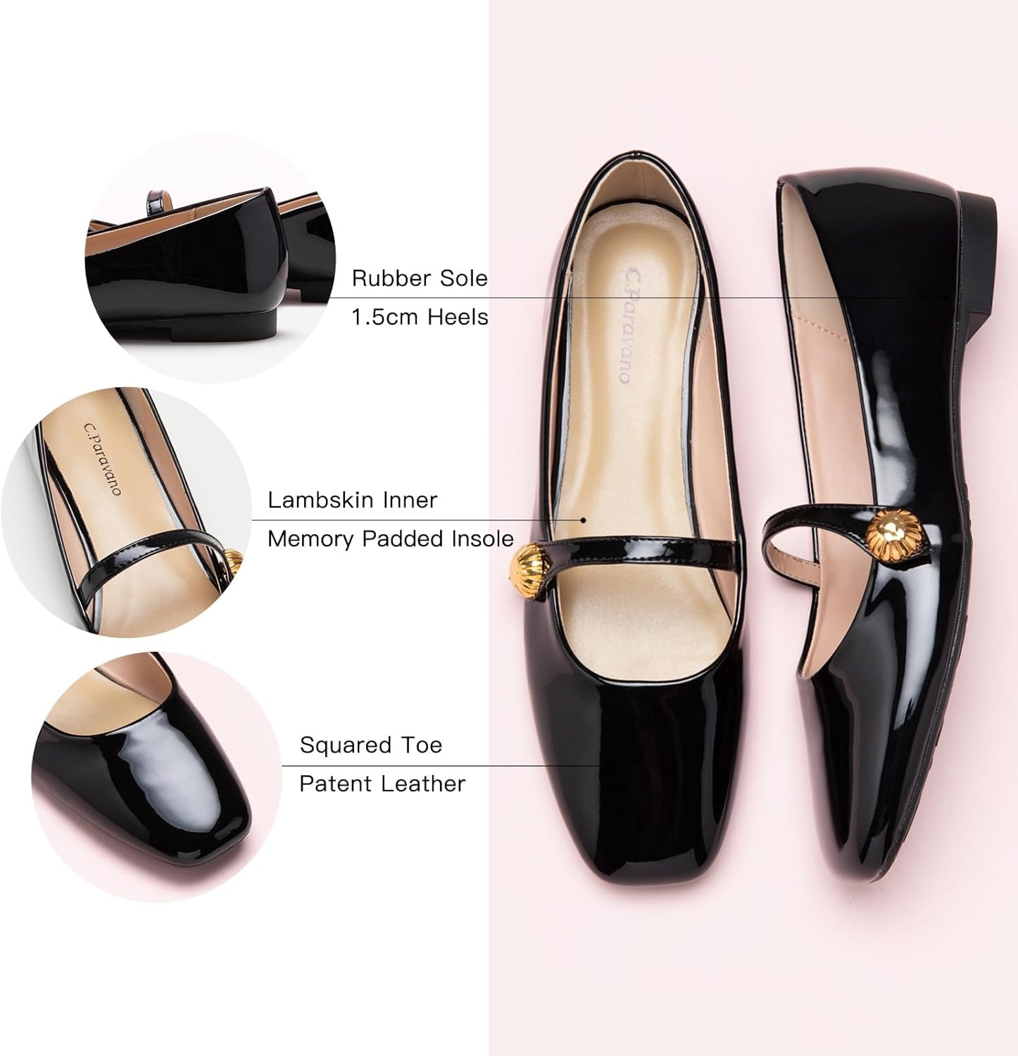 image:imageCParavano Womens Mary Jane Flats Comfortable Square Toe Ballet Flats Mary Jane Shoes with Strap Casual Dressy Flat Black Shoes for Work Party or Date Nights Size 95Black