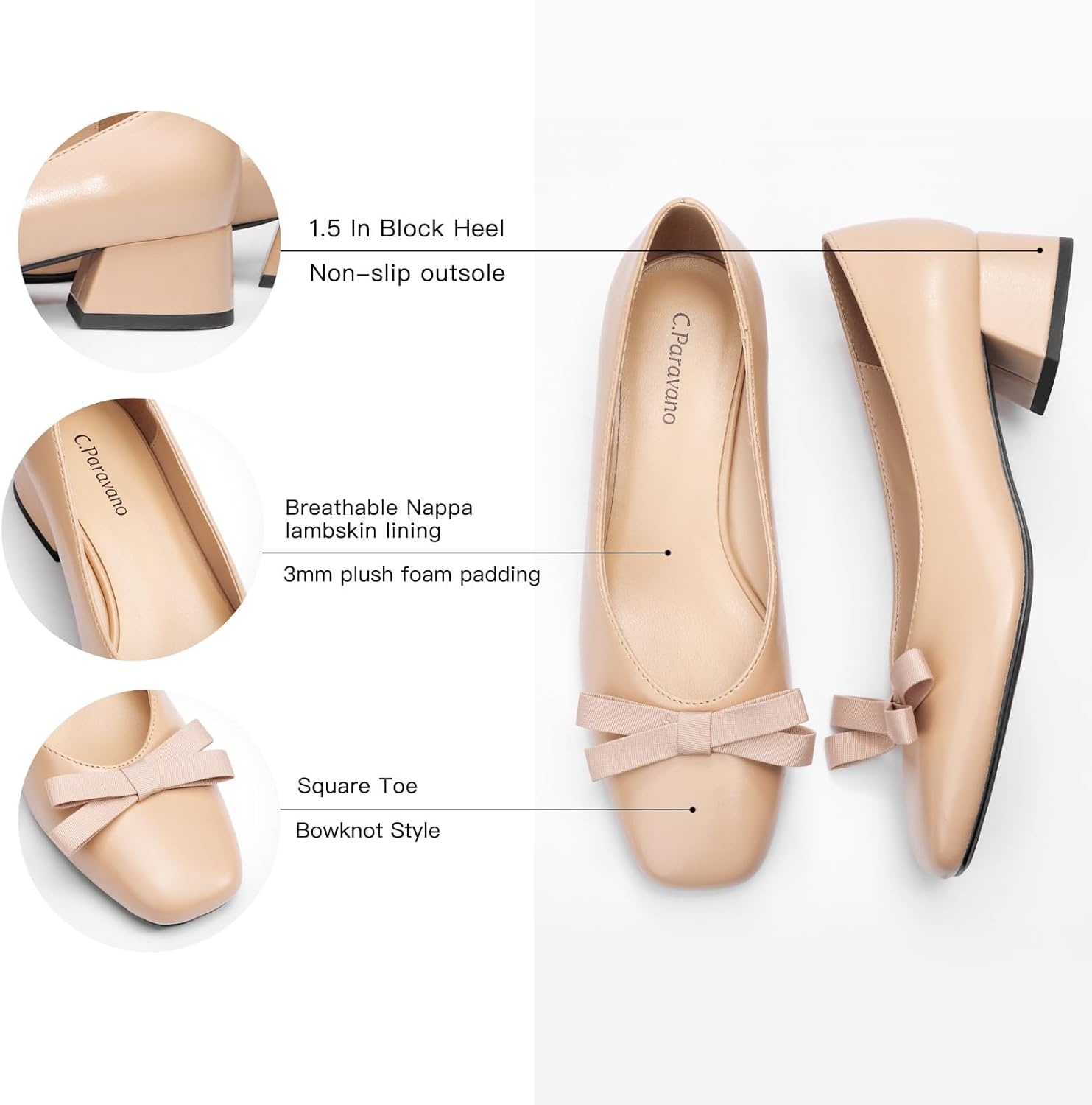 image:imageCParavano Womens Pumps Luxury Leather Pumps 15 Inch Chunky Block Heel amp Square Toe Fabric BowBeige