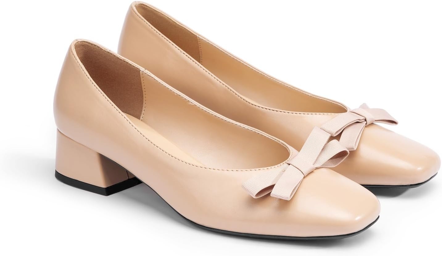 image:imageCParavano Womens Pumps Luxury Leather Pumps 15 Inch Chunky Block Heel amp Square Toe Fabric BowBeige