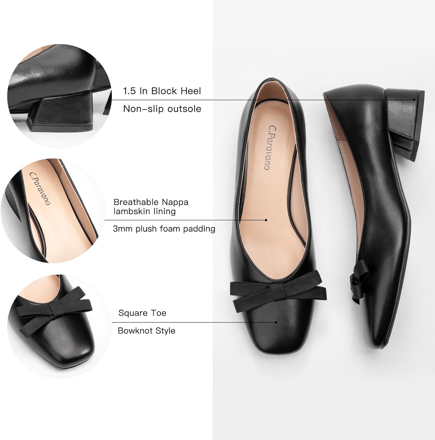image:imageCParavano Womens Pumps Luxury Leather Pumps 15 Inch Chunky Block Heel amp Square Toe Fabric BowBlack