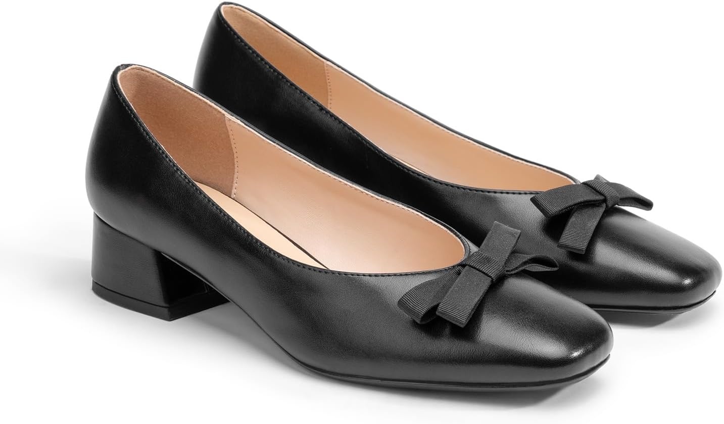 image:imageCParavano Womens Pumps Luxury Leather Pumps 15 Inch Chunky Block Heel amp Square Toe Fabric BowBlack